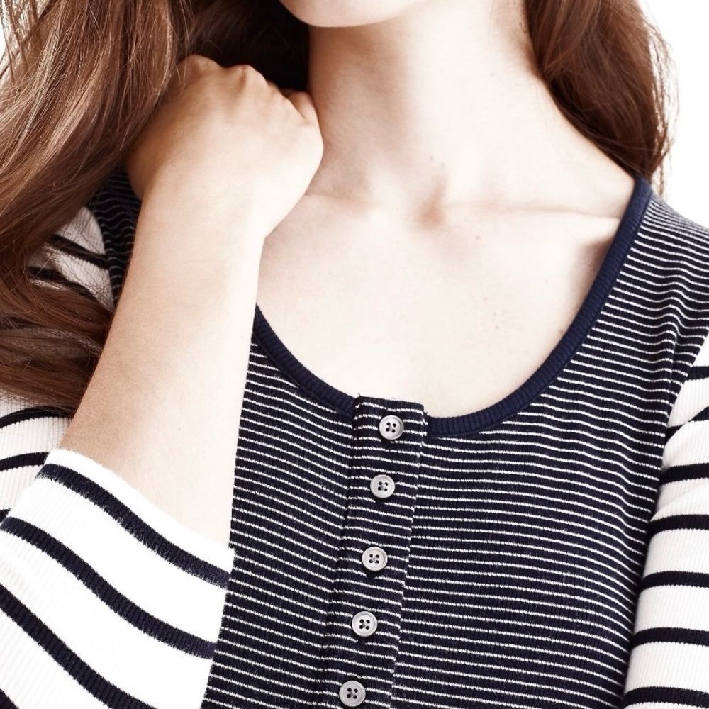 J. Crew Navy and White Striped Scoop Neck Ribbed Long Sleeve Henley - Picture 6 of 14